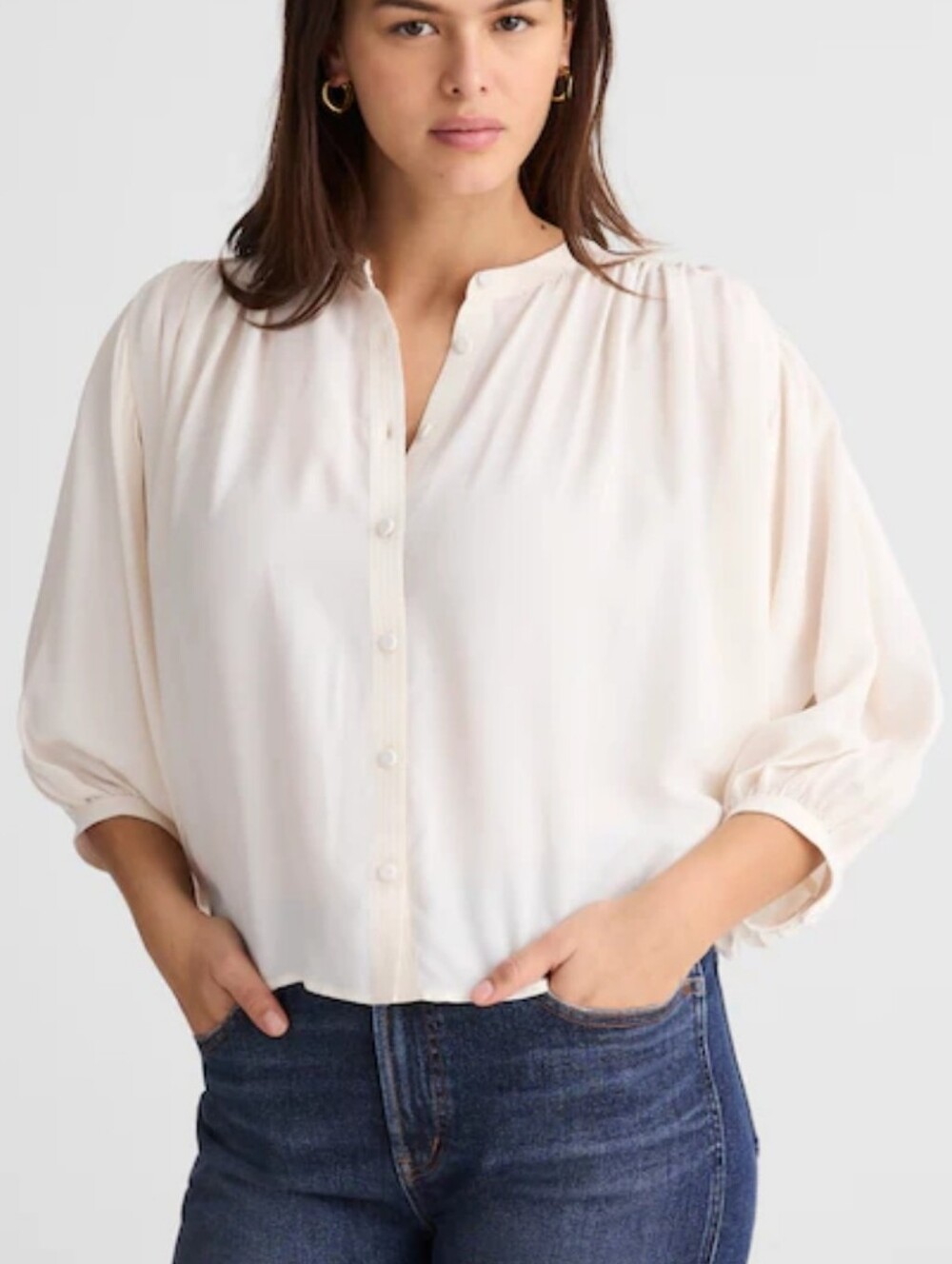 Madewell Shirred Crewneck Button-Up Top, Sz S